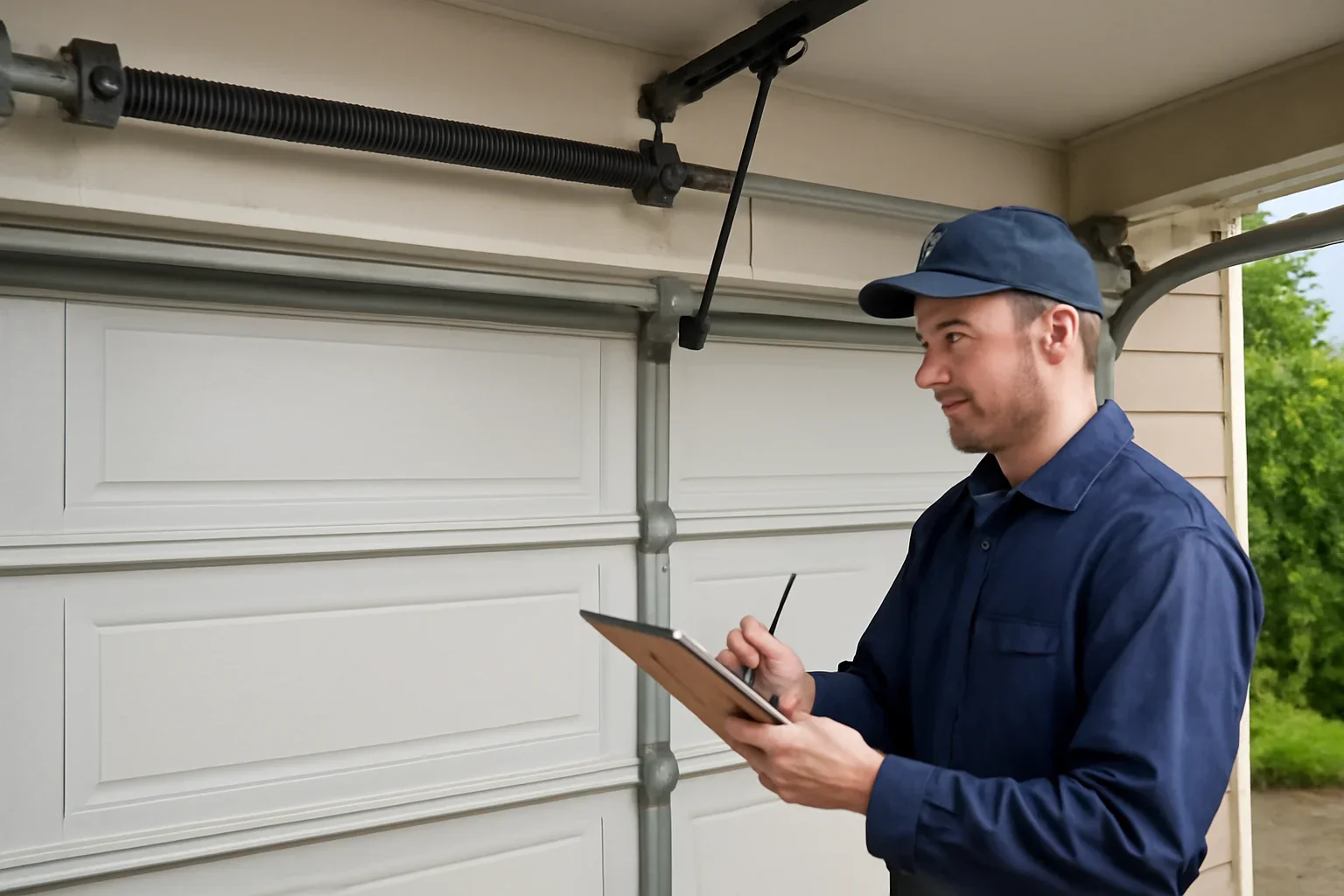 Garage door technician reviewing garage door spring repair in Clayton Heights Surrey