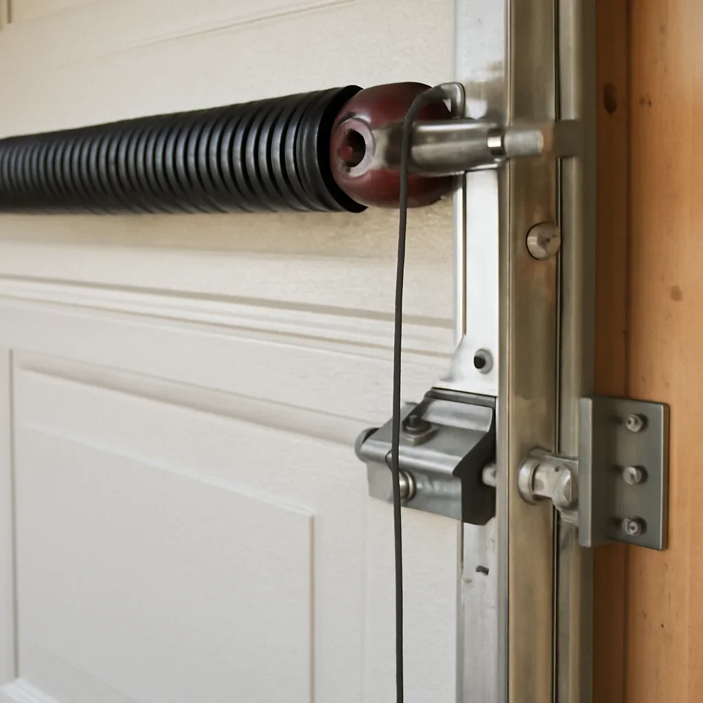 Close view of garage door spring and hardware components for spring repair in Cloverdale Surrey