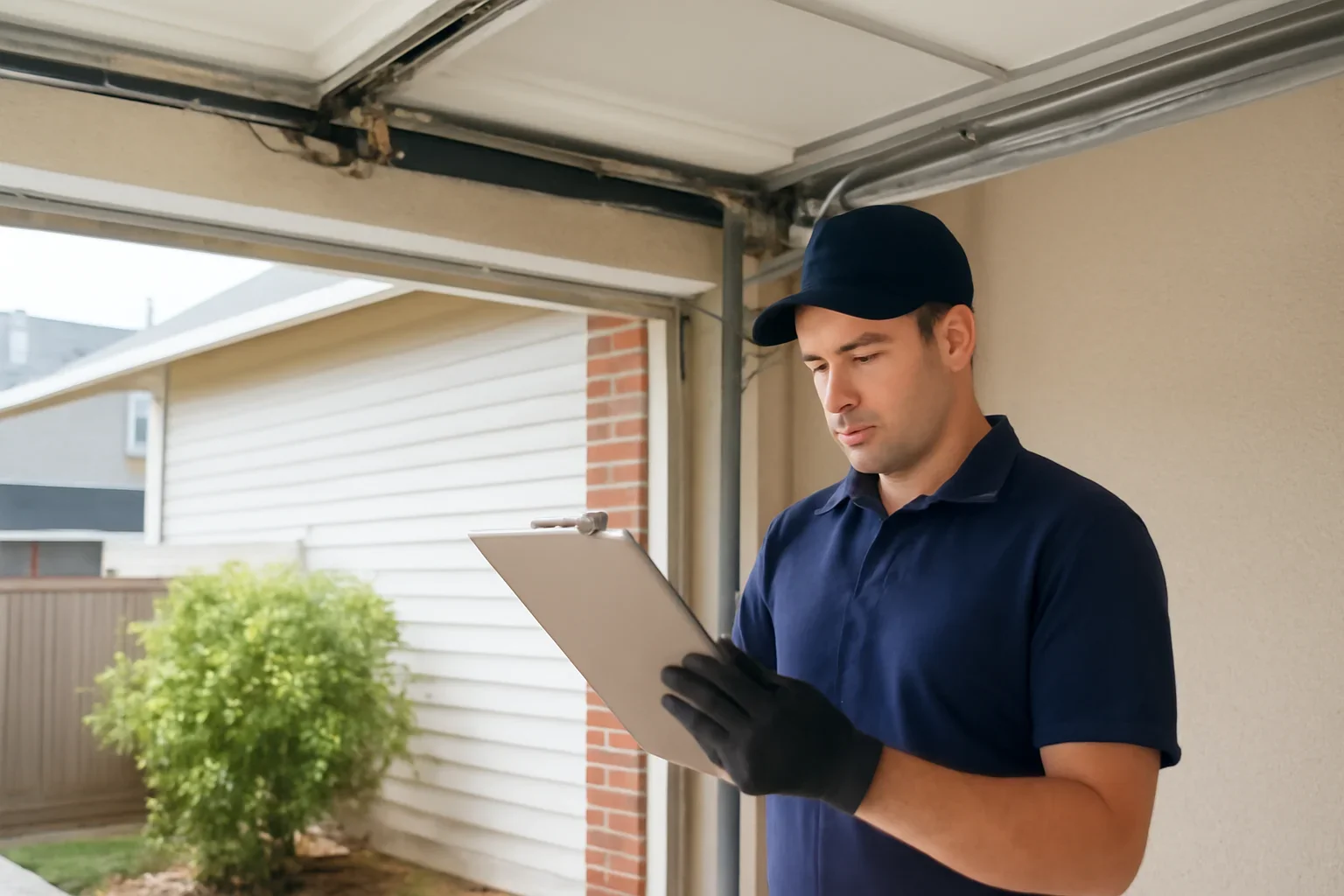 Garage door technician reviewing garage door spring repair in Cloverdale Surrey at a local property