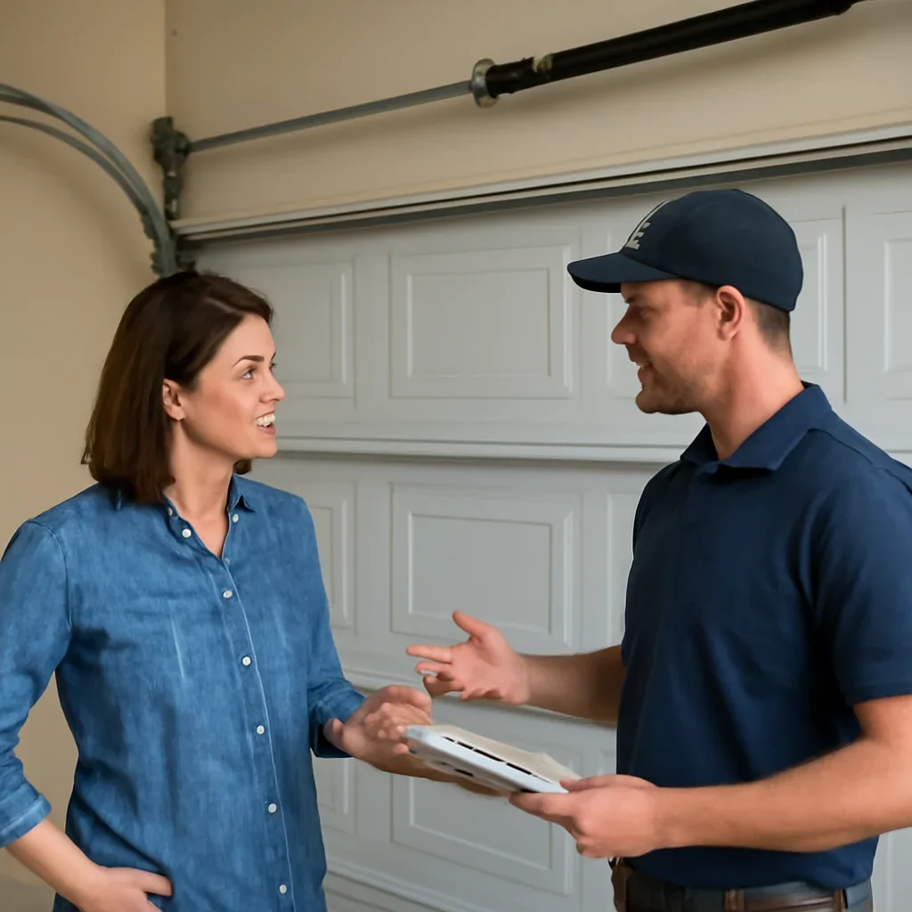 Homeowner or property manager discussing garage door spring repair in Cloverdale Town Centre Surrey