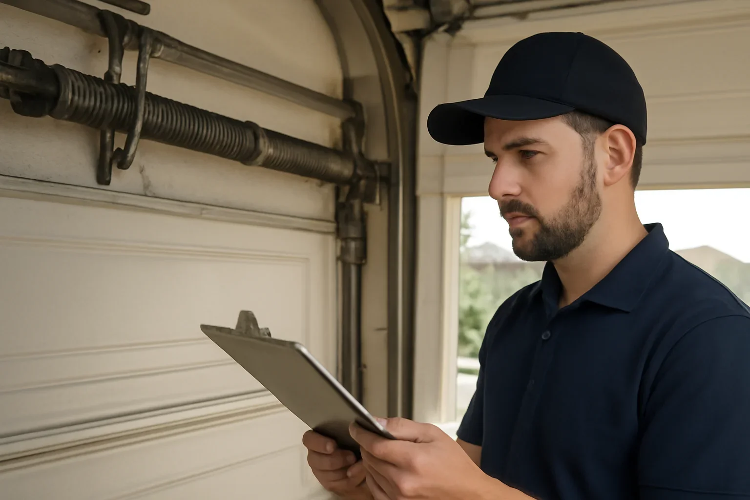 Garage door technician reviewing garage door spring repair in Cloverdale Town Centre Surrey