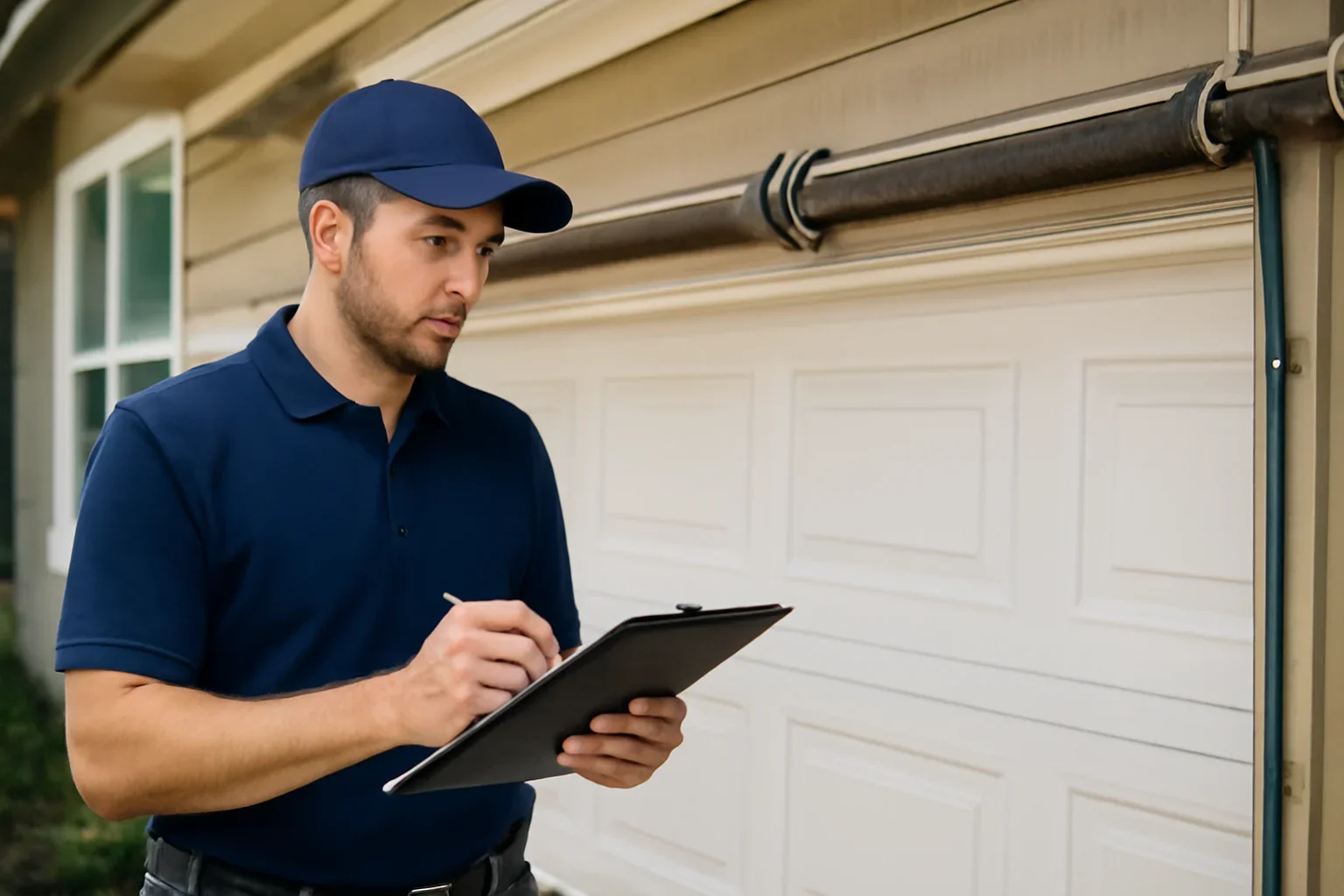 Garage door technician reviewing garage door spring repair in Crescent Beach Surrey at a Surrey property