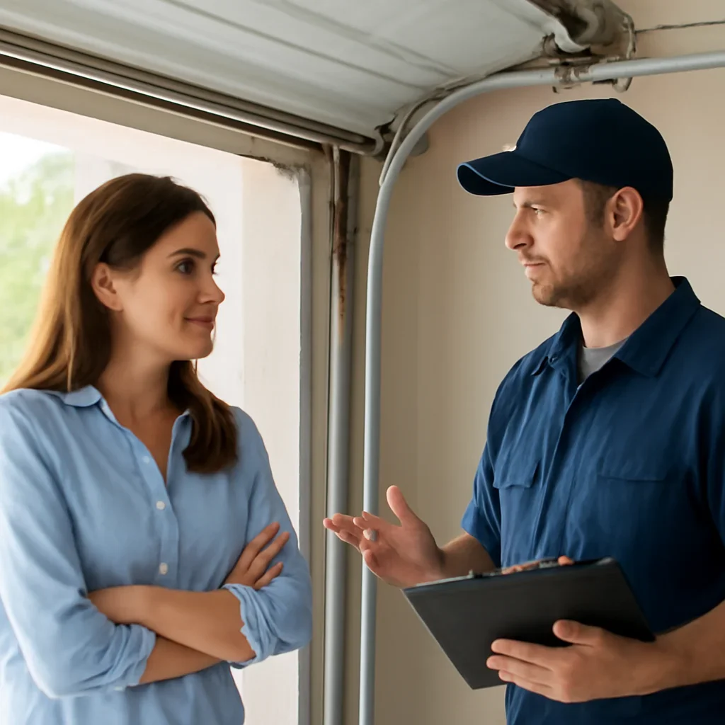 Surrey property owner discussing garage door spring repair with a technician