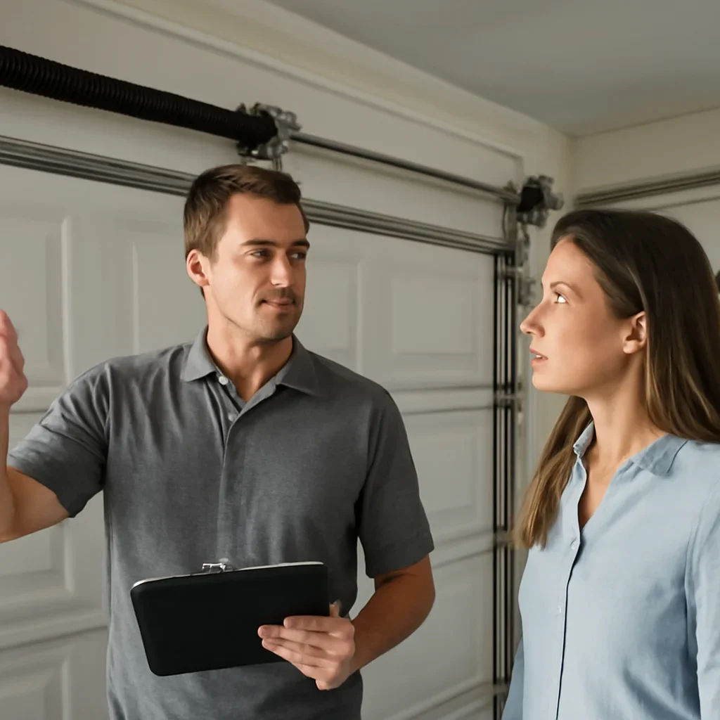 Homeowner or property manager discussing garage door spring repair in East Clayton Surrey