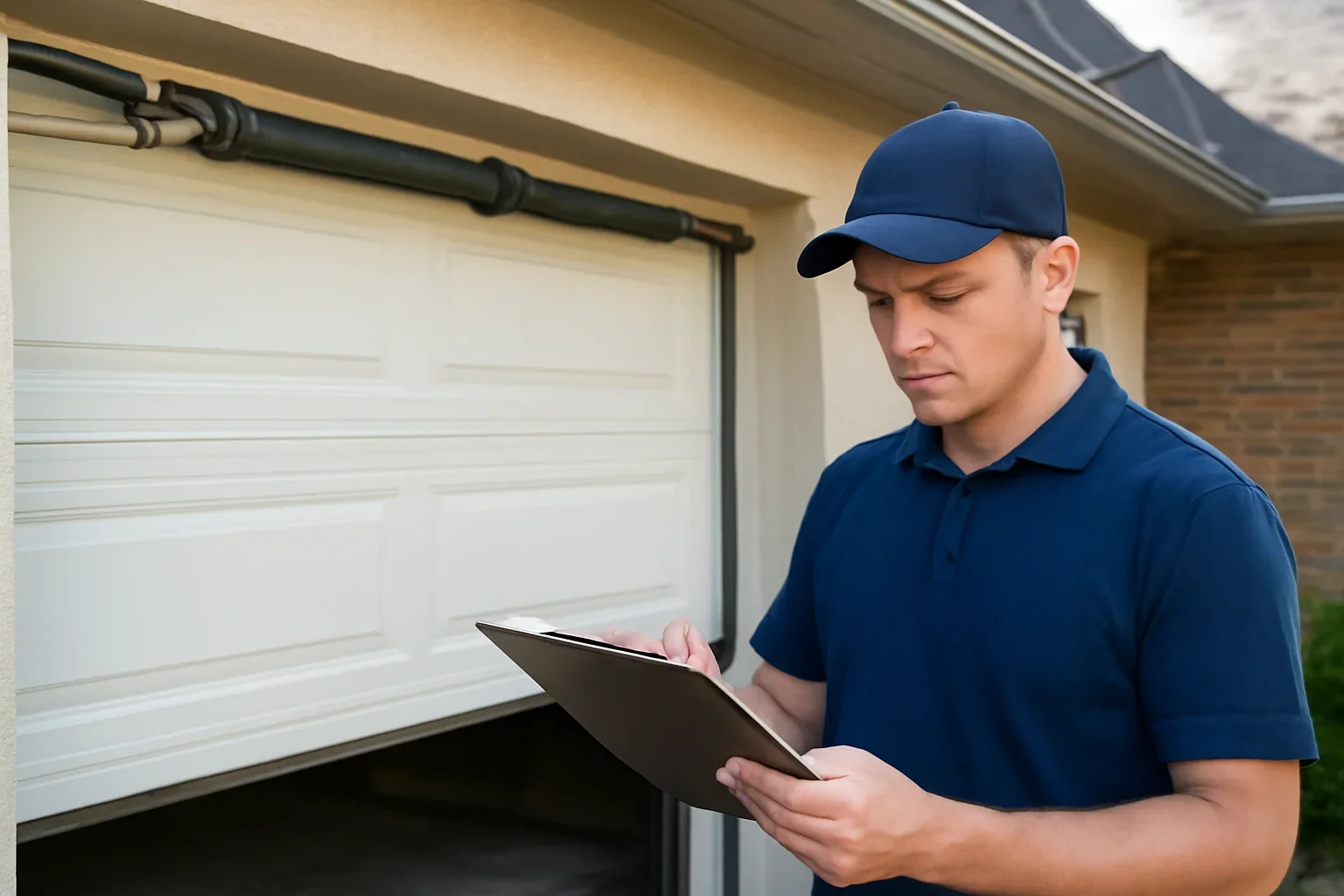 Garage door technician reviewing garage door spring repair in East Clayton Surrey at a local property