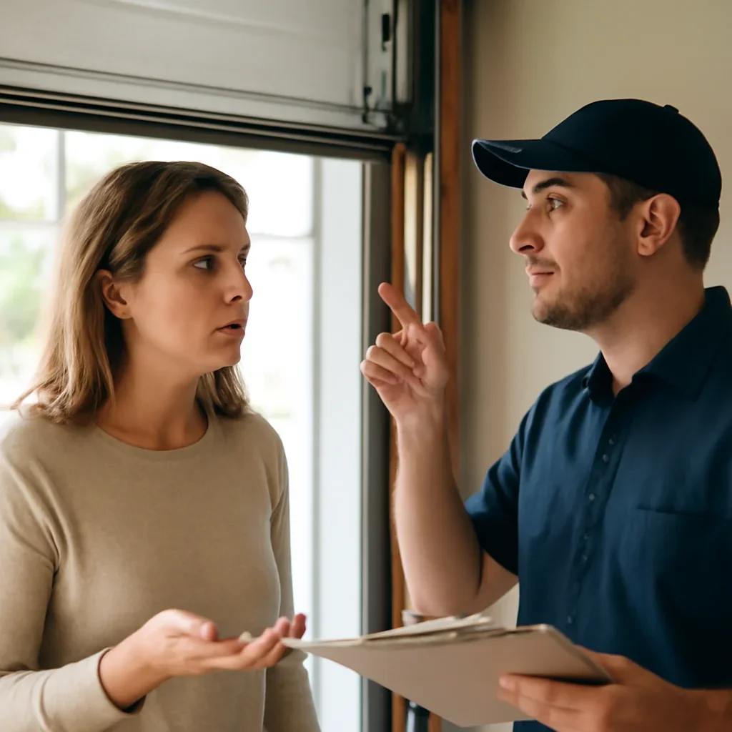 Homeowner or property manager discussing garage door spring repair in East Newton Surrey