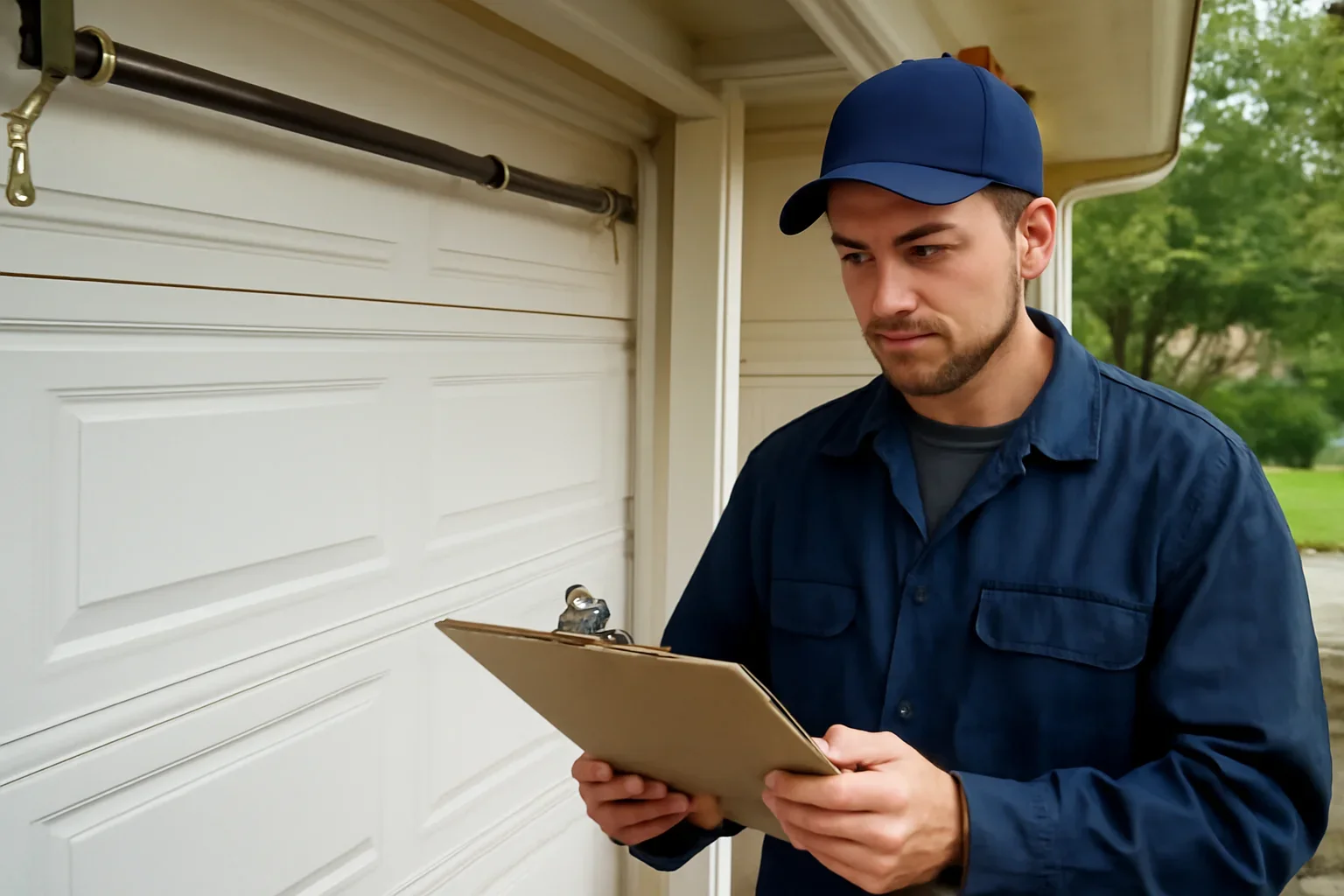 Garage door technician reviewing garage door spring repair in East Newton Surrey at a local property
