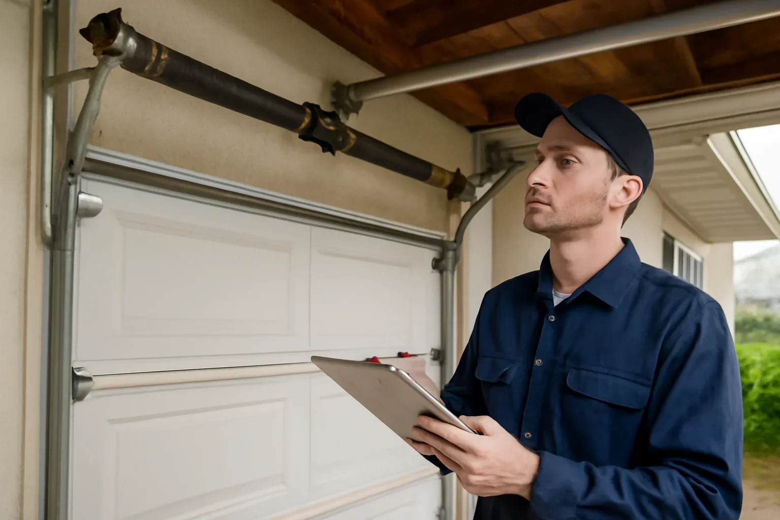 Garage door technician reviewing garage door spring repair in Elgin Chantrell Surrey