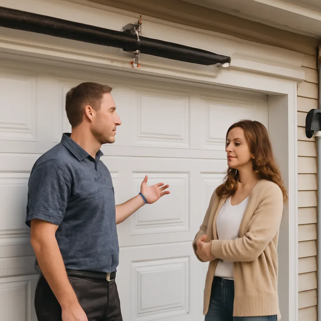Homeowner or property manager discussing garage door spring repair in Fleetwood Surrey
