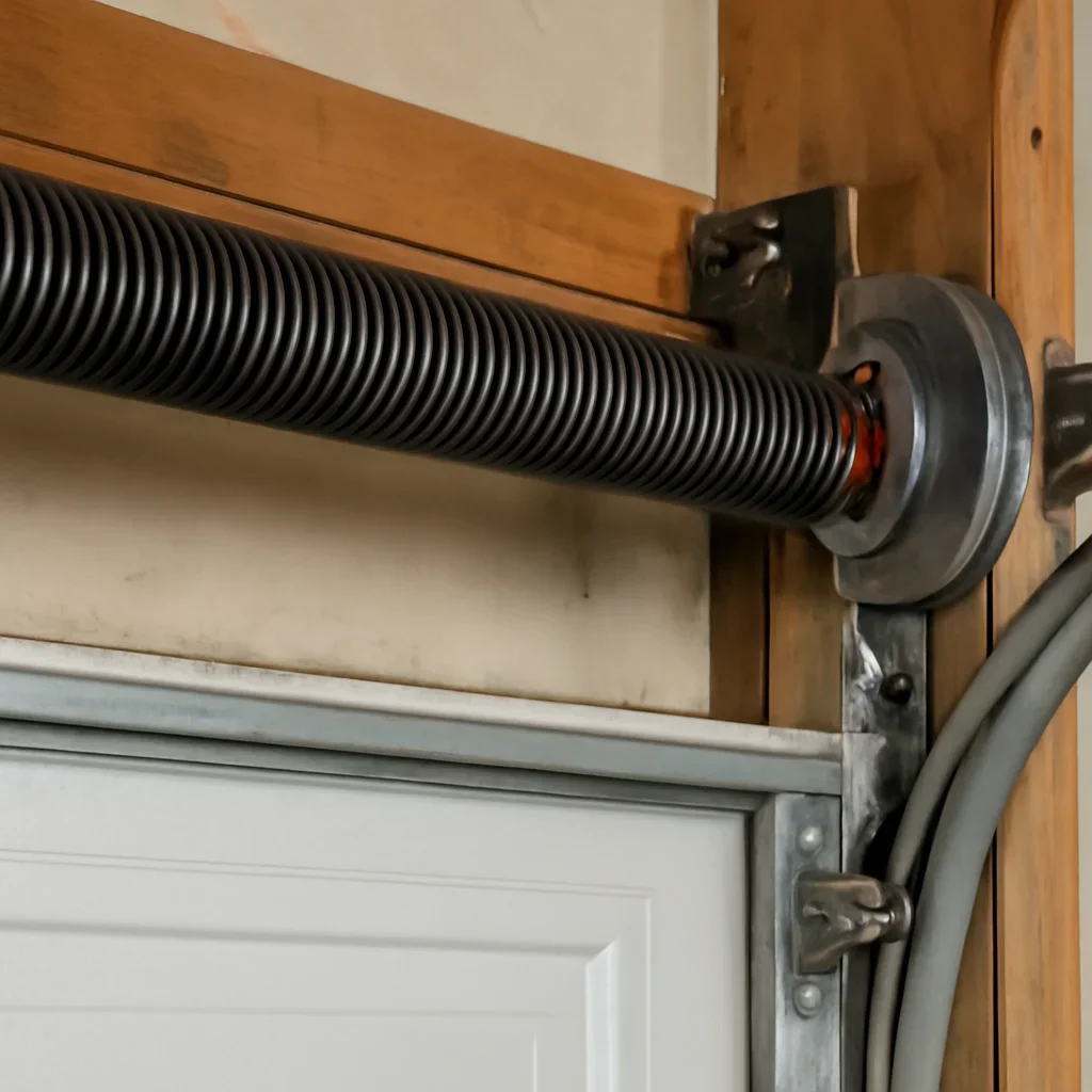 Close view of spring and lift components for garage door spring repair in Fleetwood Park Surrey