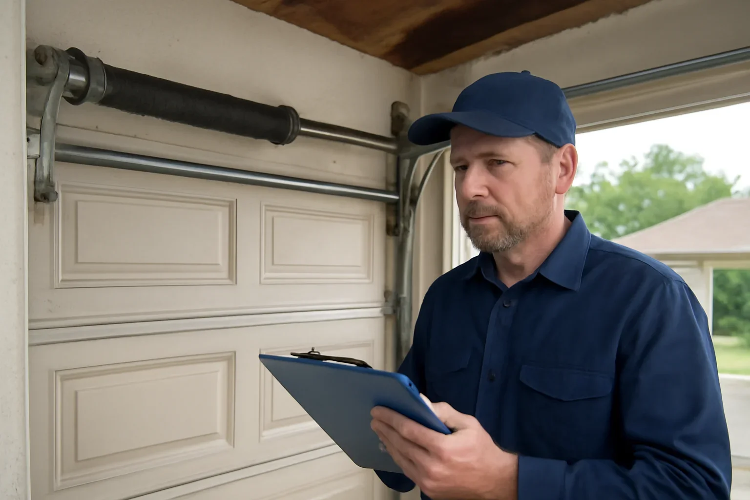 Garage door technician reviewing garage door spring repair in Fleetwood Park Surrey