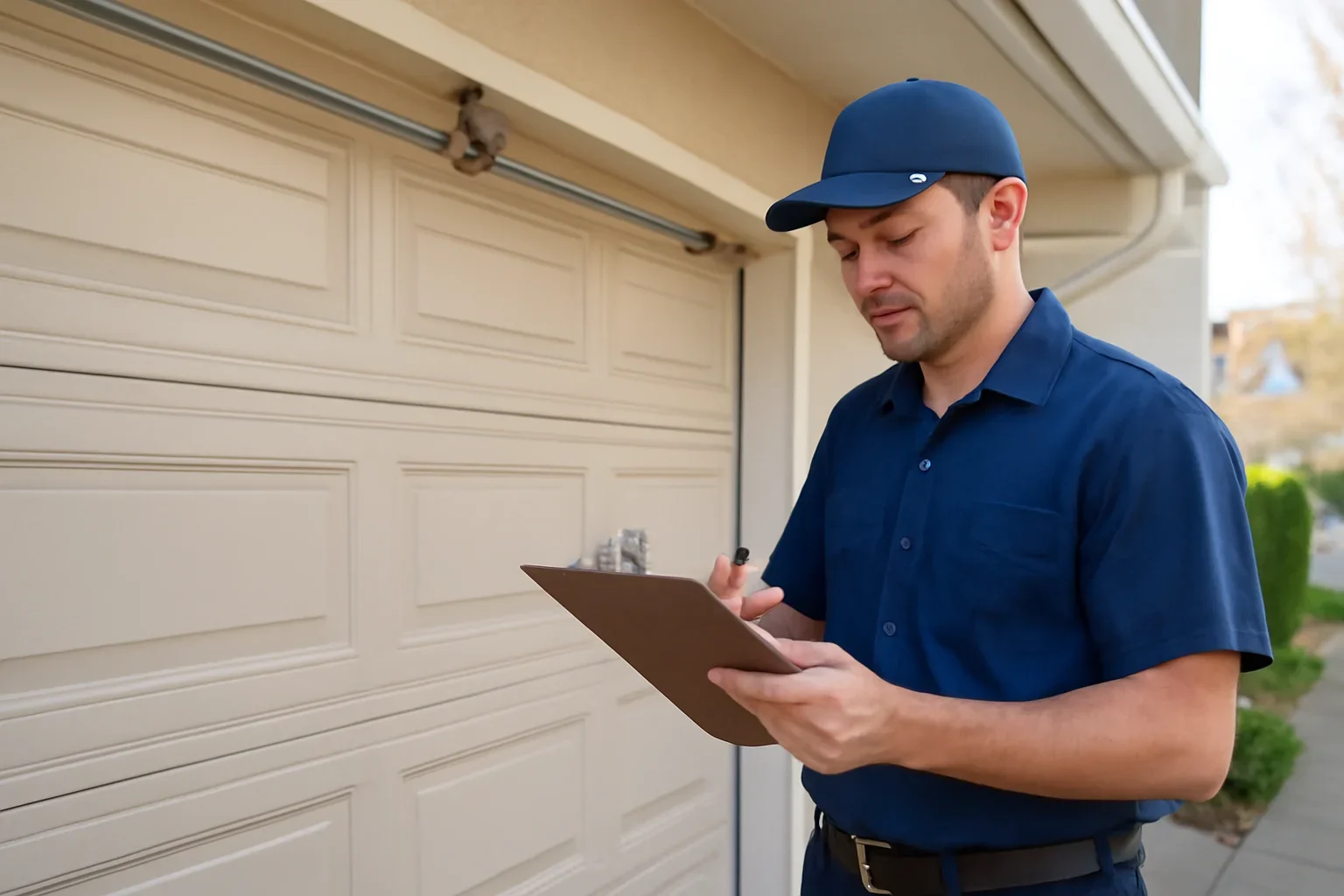 Garage door technician reviewing garage door spring repair in Fleetwood Town Centre Surrey