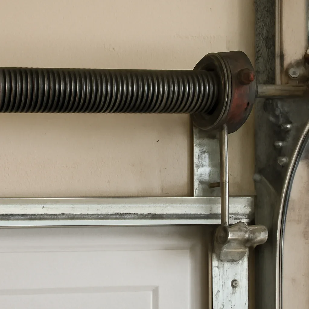 Close view of garage door spring and hardware components for spring repair in Fraser Heights Surrey