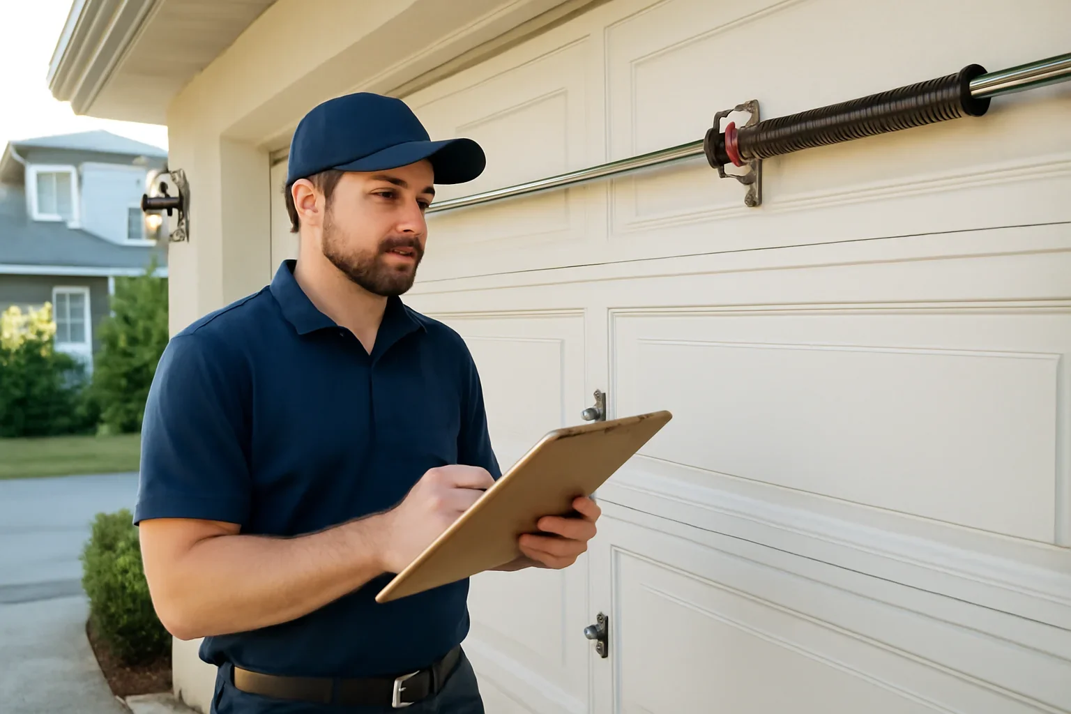 Garage door technician reviewing garage door spring repair in Fraser Heights Surrey at a local property