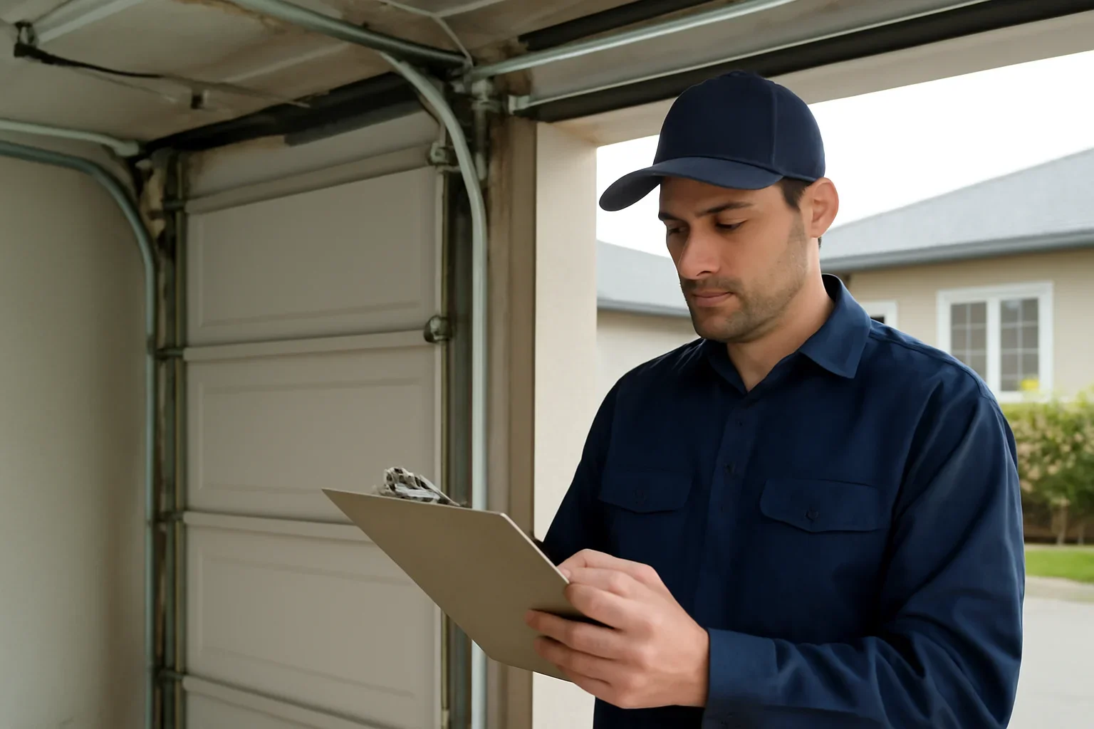 Garage door technician reviewing garage door spring repair in Grandview Heights Surrey at a Surrey property