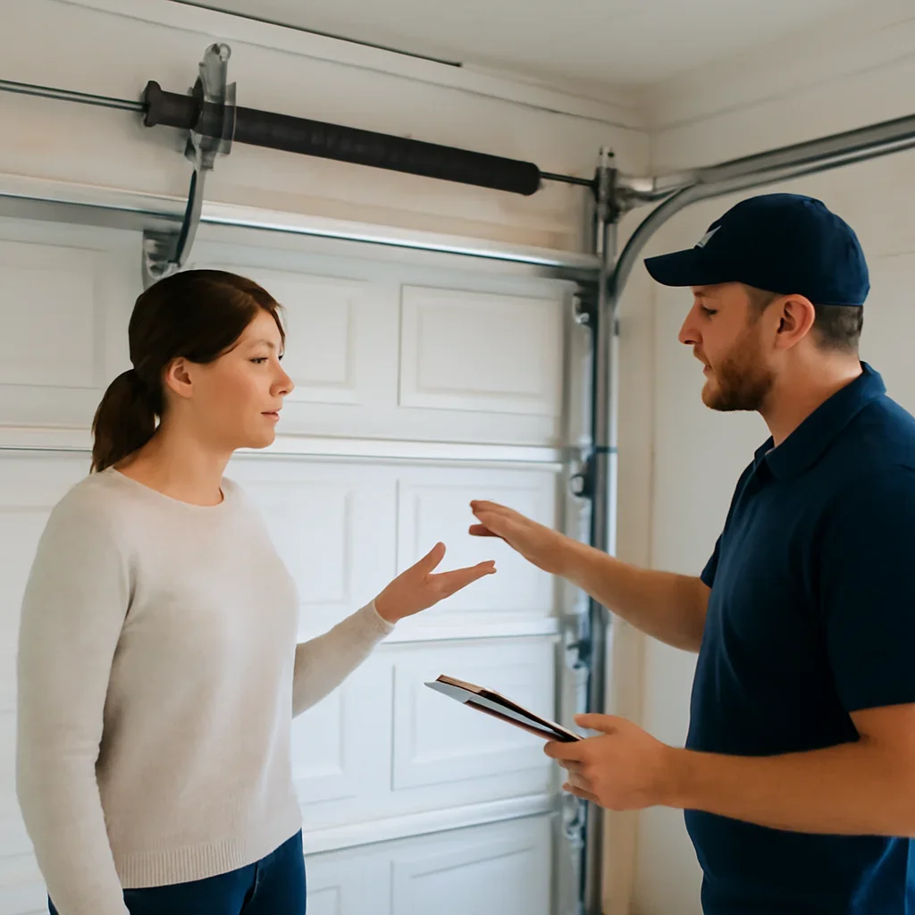 Homeowner or property manager discussing garage door spring repair in Guildford Surrey