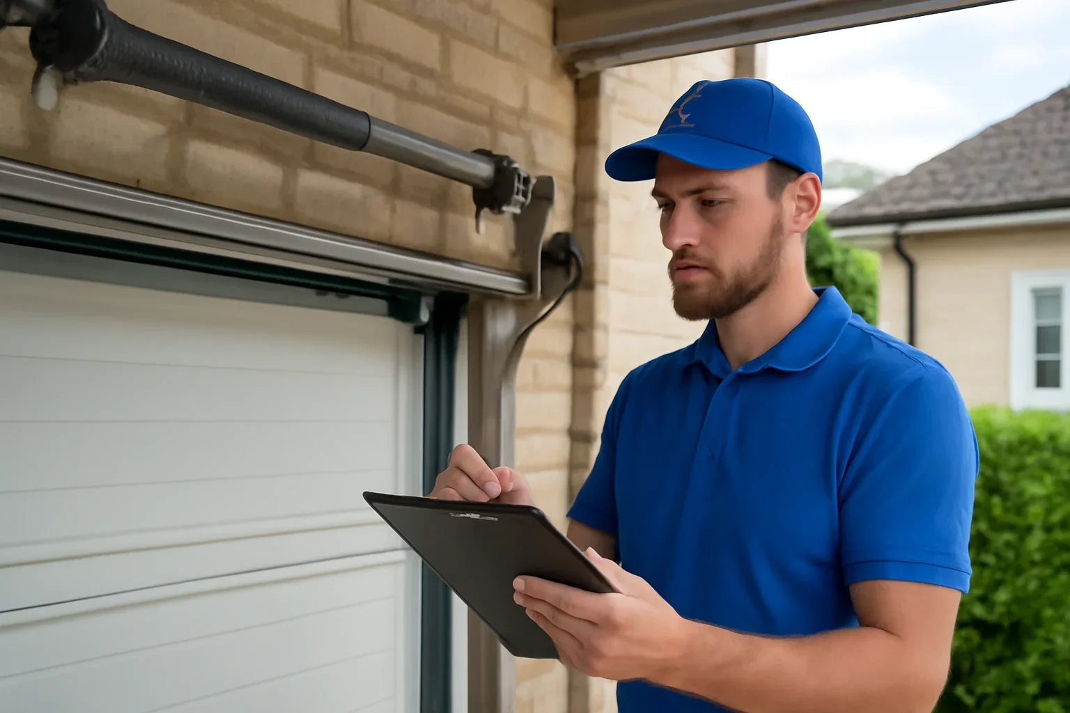 Garage door technician reviewing garage door spring repair in Guildford Surrey at a local property