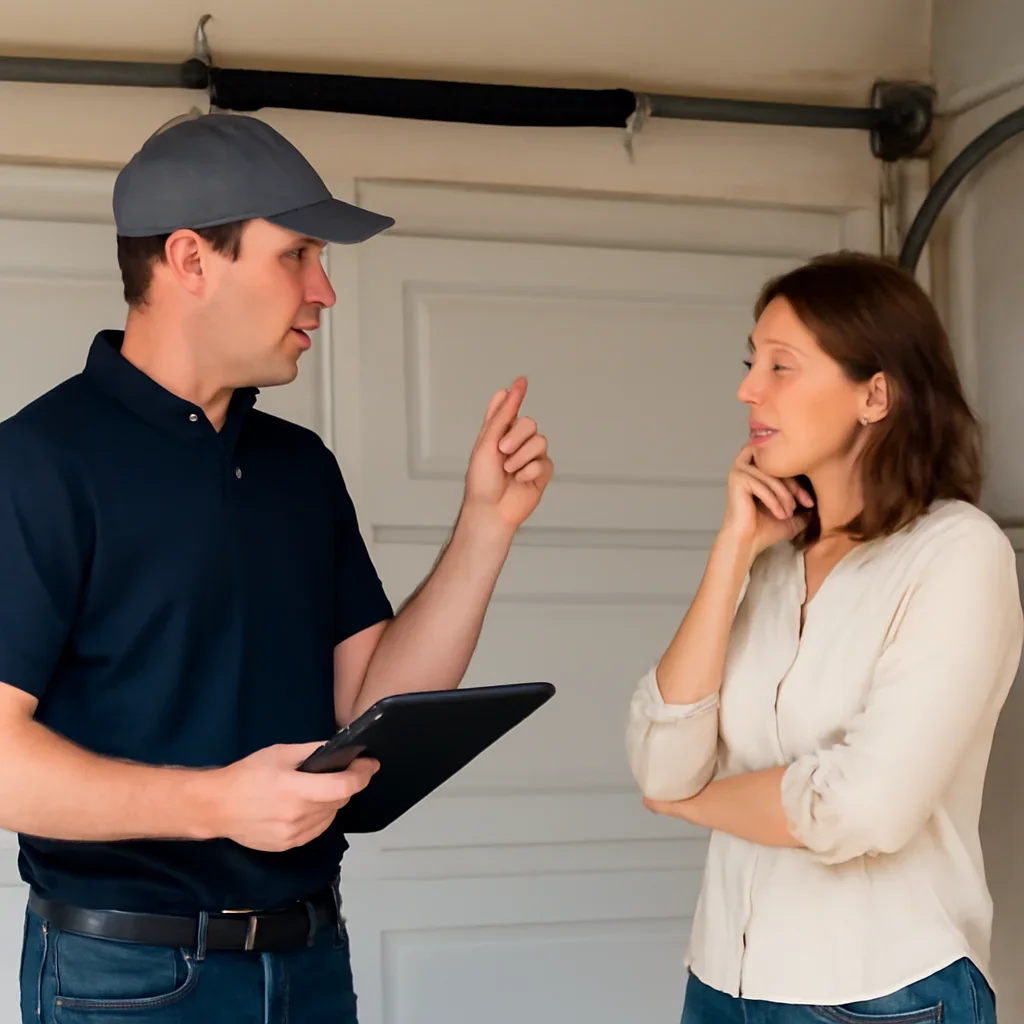 Homeowner or property manager discussing the next step for garage door spring repair surrey guildford town centre in Surrey