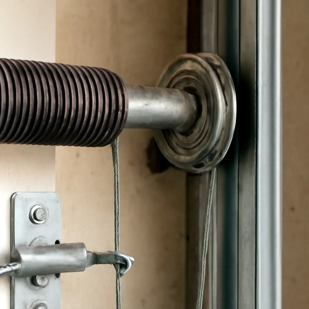 Close view of garage door components related to garage door spring repair surrey guildford town centre