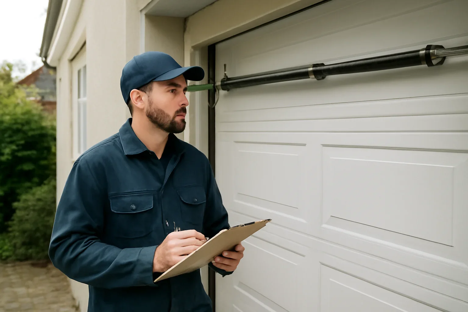 Garage door technician reviewing garage door spring repair surrey guildford town centre at a Surrey property