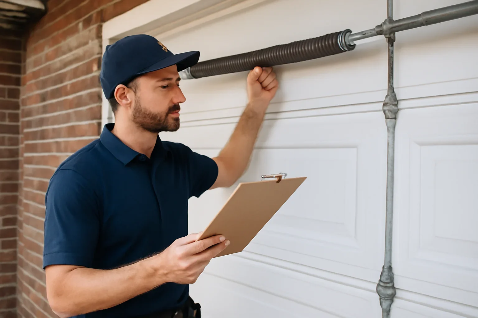 Garage door technician inspecting a spring system at a Surrey property