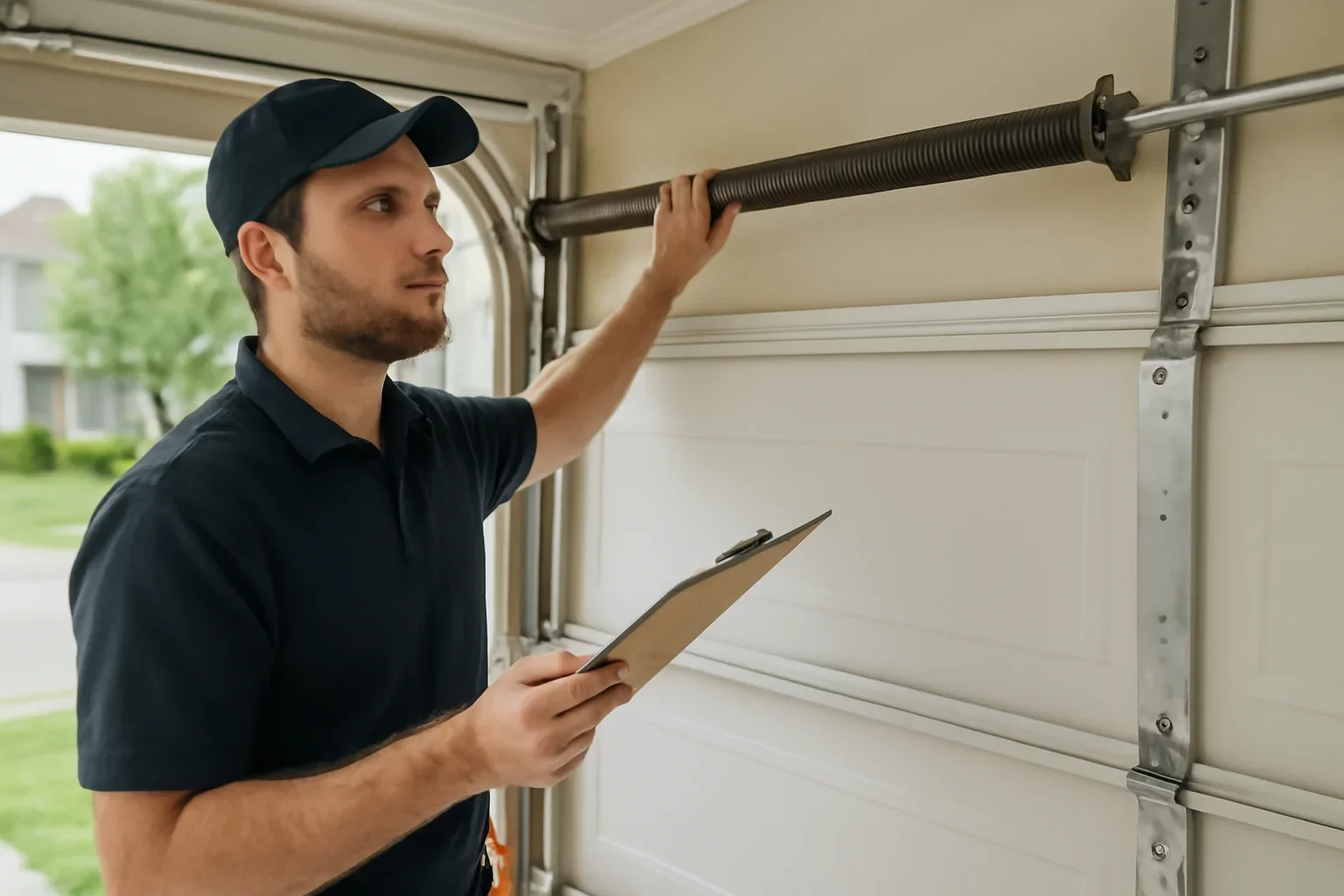 Garage door technician reviewing garage door spring repair in King George Corridor Surrey at a local property