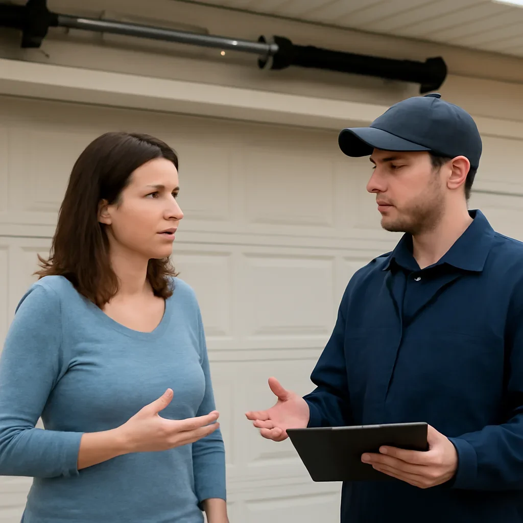Homeowner discussing garage door spring repair in Morgan Heights Surrey