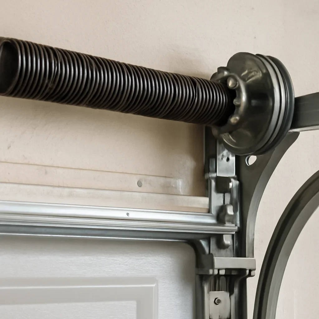 Close view of spring and lift components for garage door spring repair in Newton Surrey