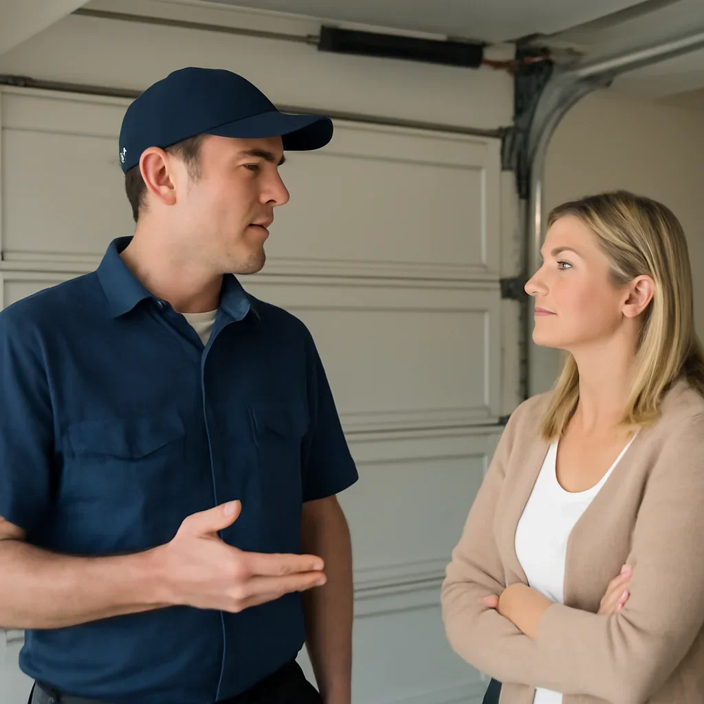Homeowner or property manager discussing garage door spring repair in Newton Town Centre Surrey