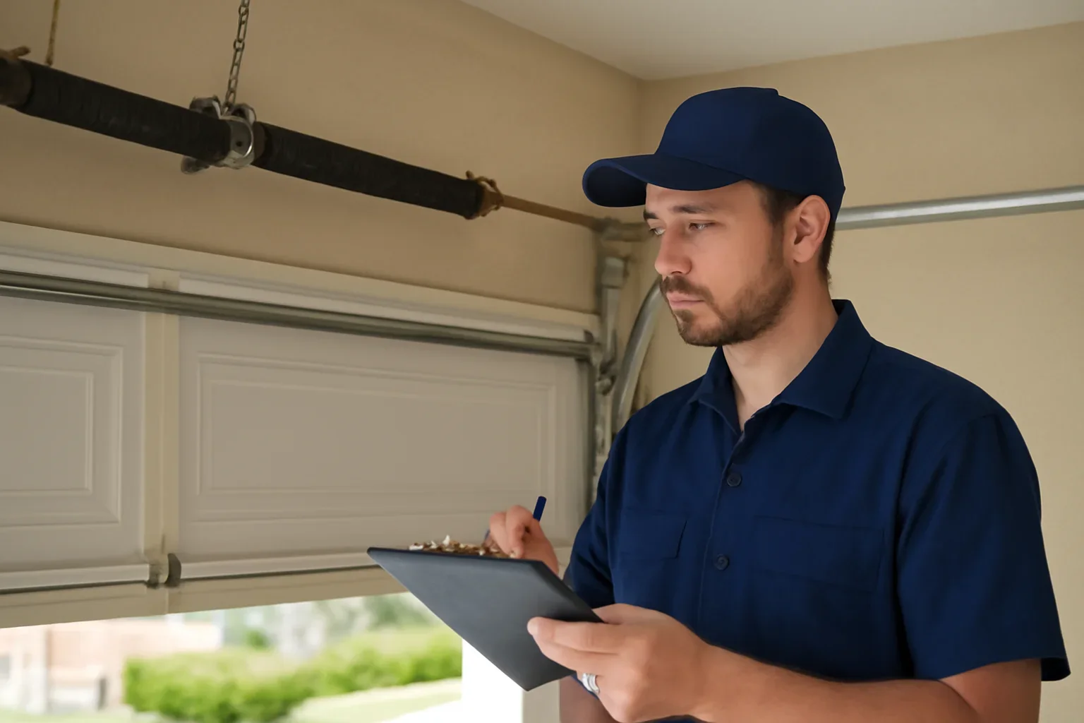 Garage door technician reviewing garage door spring repair in Newton Town Centre Surrey