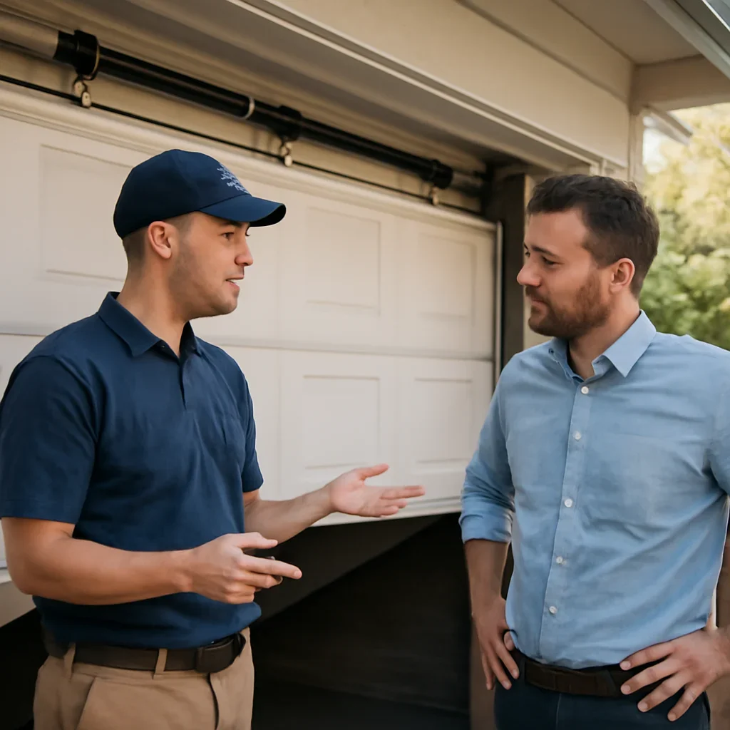 Homeowner or property manager discussing the next step for garage door spring repair in Ocean Park Surrey
