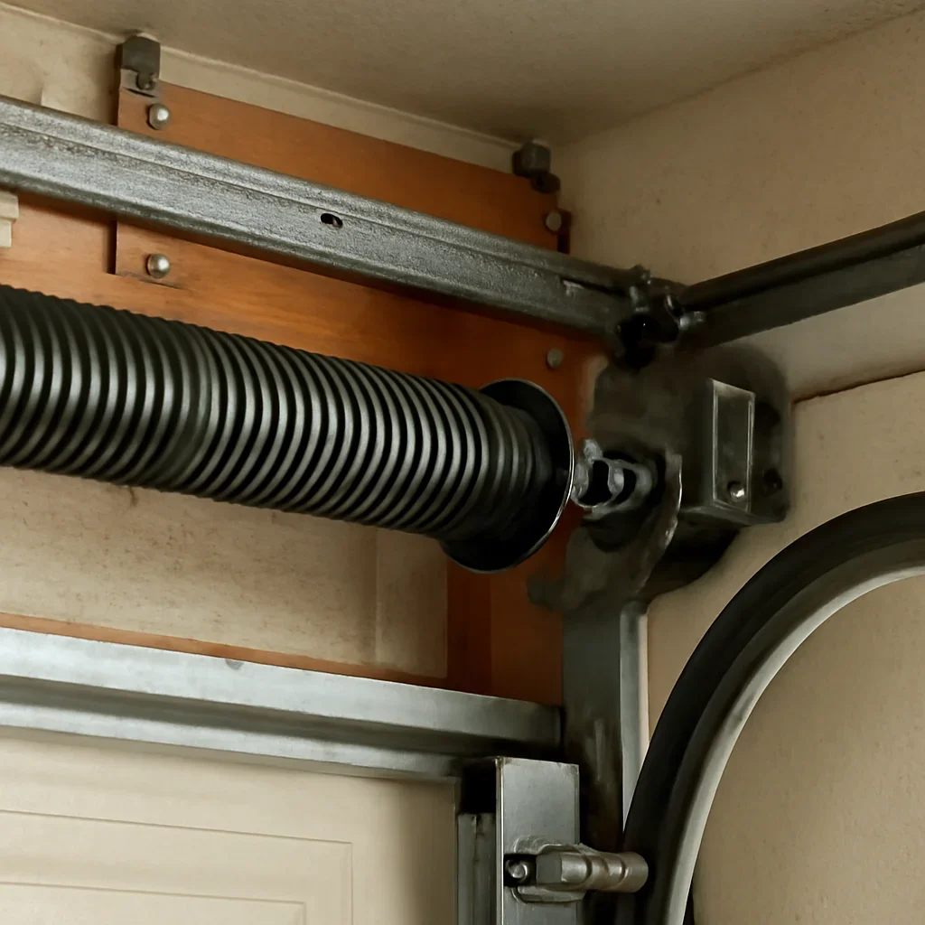 Close view of garage door components related to spring repair in Ocean Park Surrey