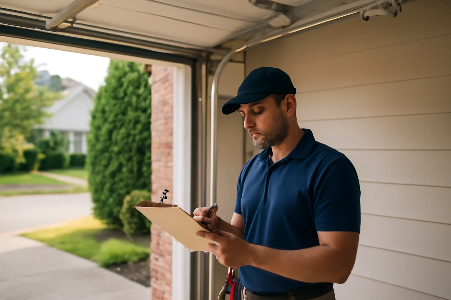 Garage door technician reviewing garage door spring repair in Ocean Park Surrey