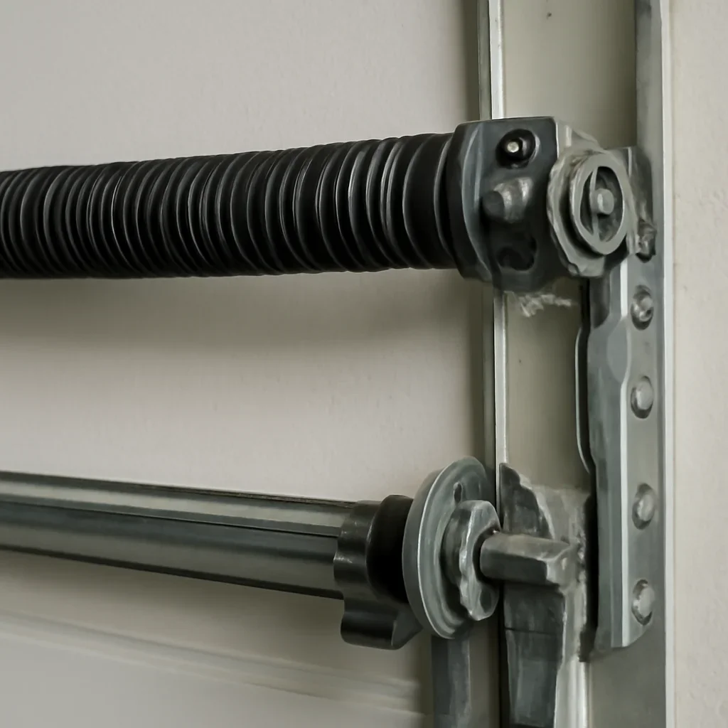 Close view of garage door components related to garage door spring repair in Pacific Douglas