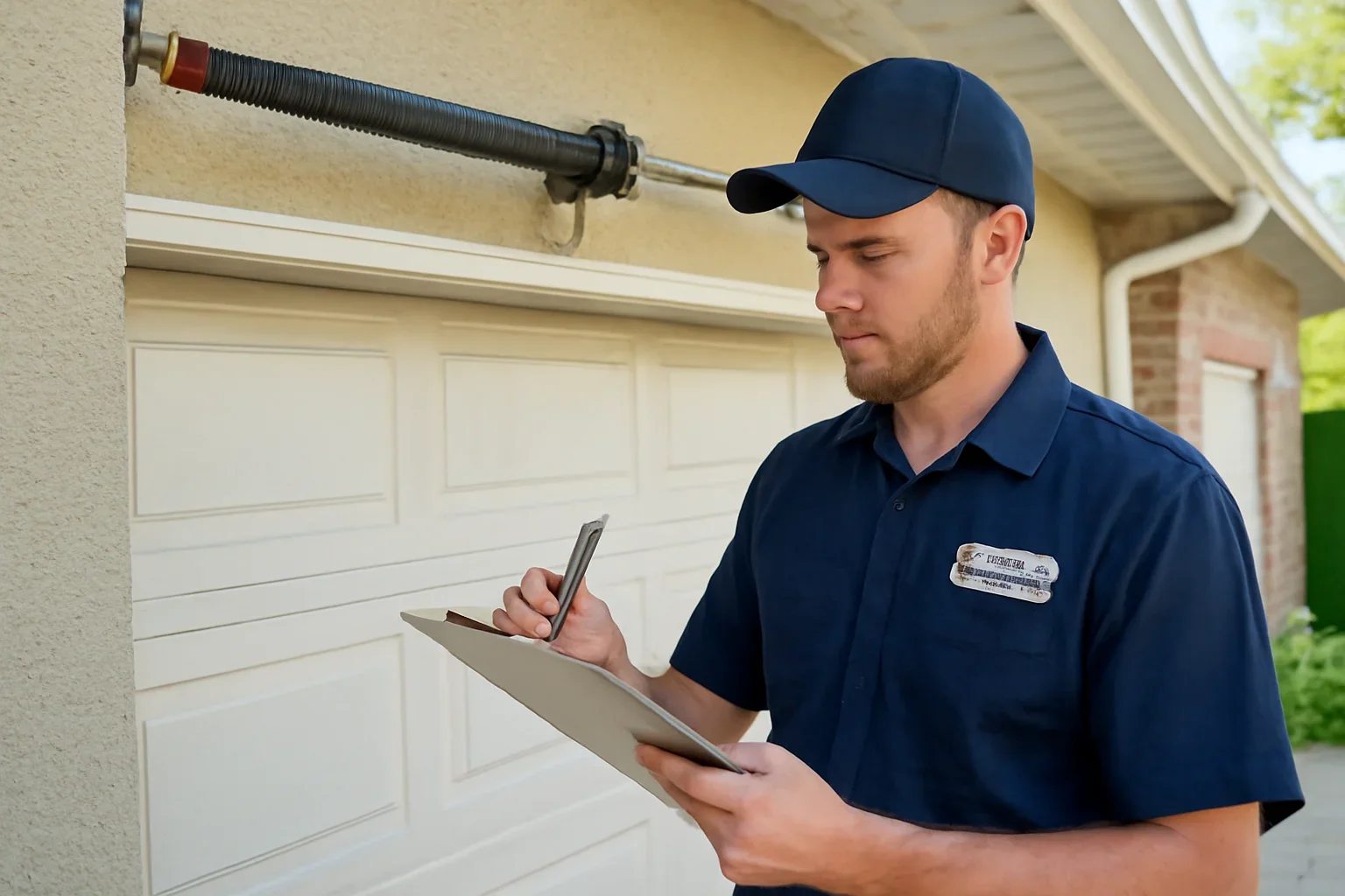 Garage door technician reviewing garage door spring repair in Pacific Douglas Surrey