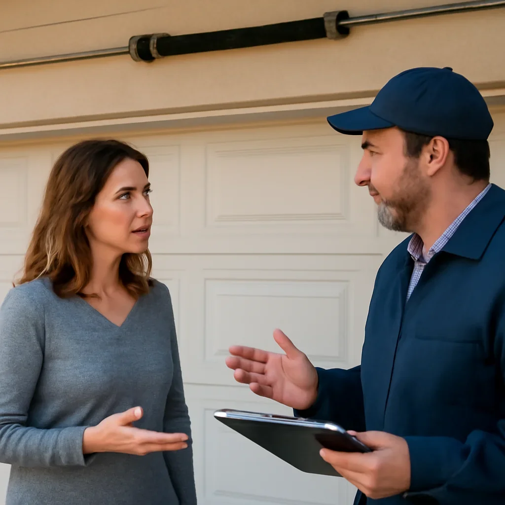 Homeowner or property manager discussing garage door spring repair in Panorama Ridge Surrey