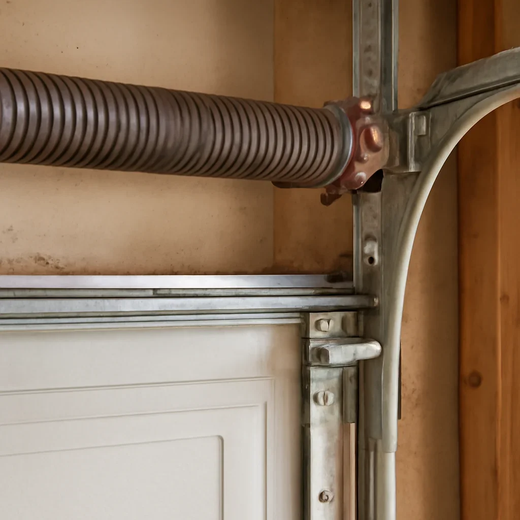 Close view of garage door spring and hardware components for spring repair in Panorama Ridge Surrey