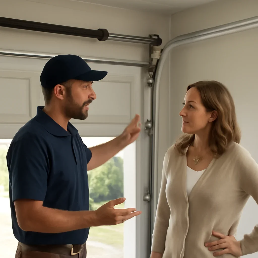 Property manager discussing the next step for garage door spring repair in Port Kells Surrey
