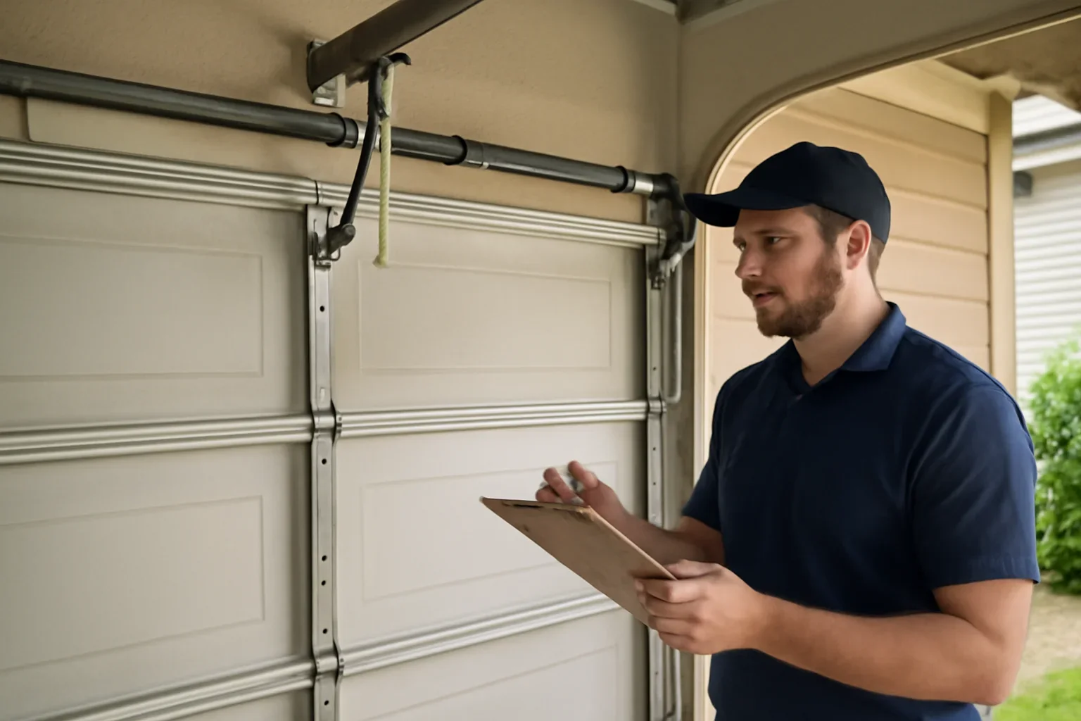 Garage door technician reviewing garage door spring repair in Port Kells Surrey at a Surrey property