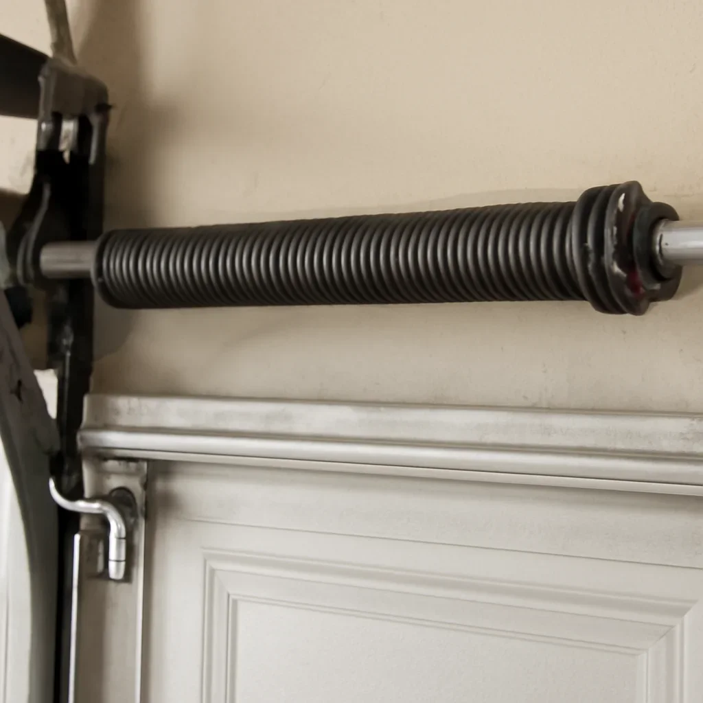 Close view of garage door components related to spring repair in Rosemary Heights Surrey