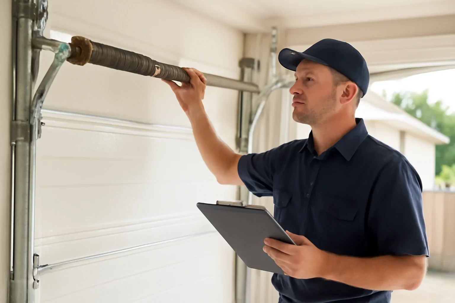 Garage door technician reviewing garage door spring repair in Rosemary Heights Surrey at a local property