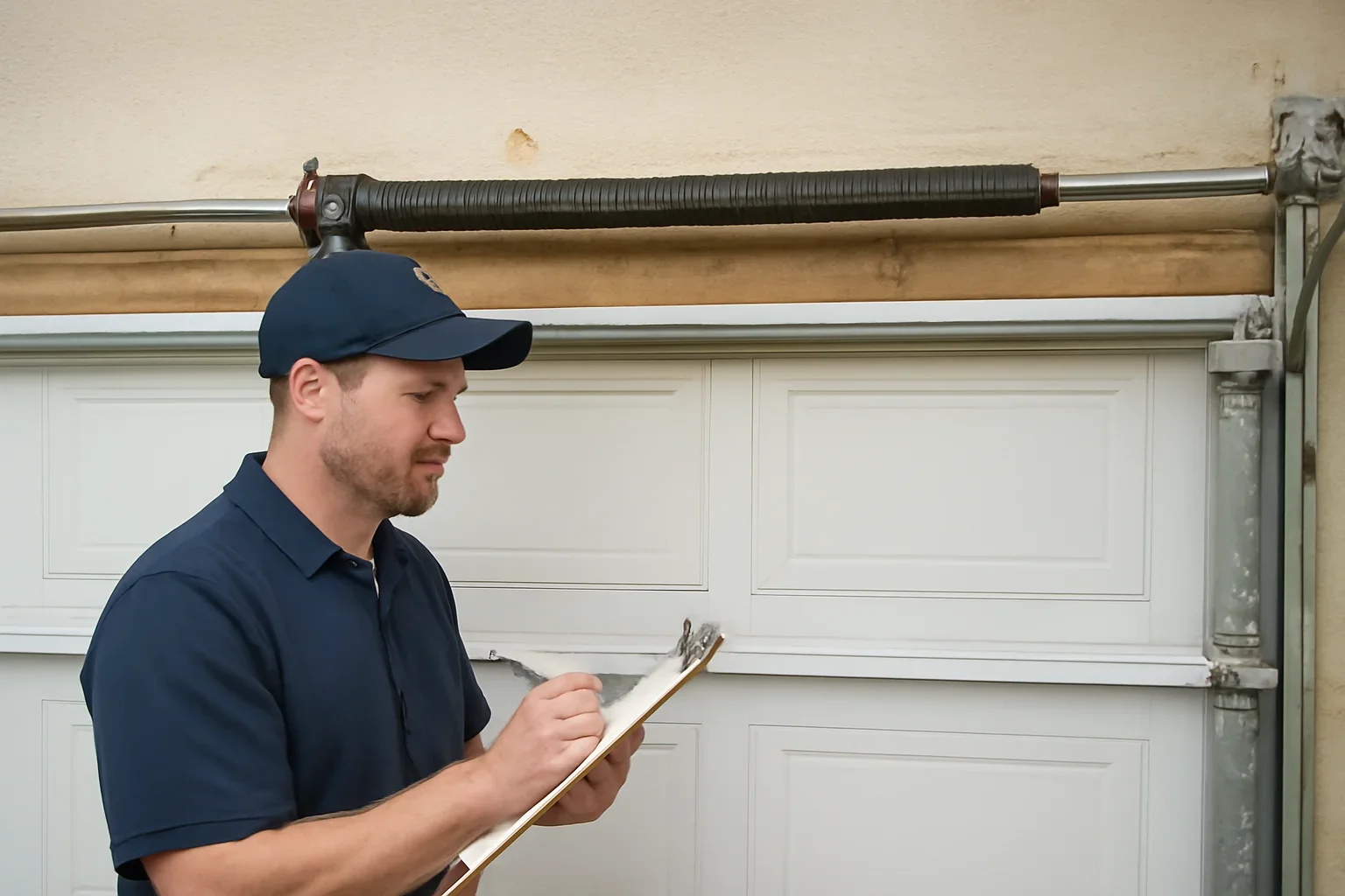 Garage door technician reviewing garage door spring repair in Royal Heights Surrey at a local property