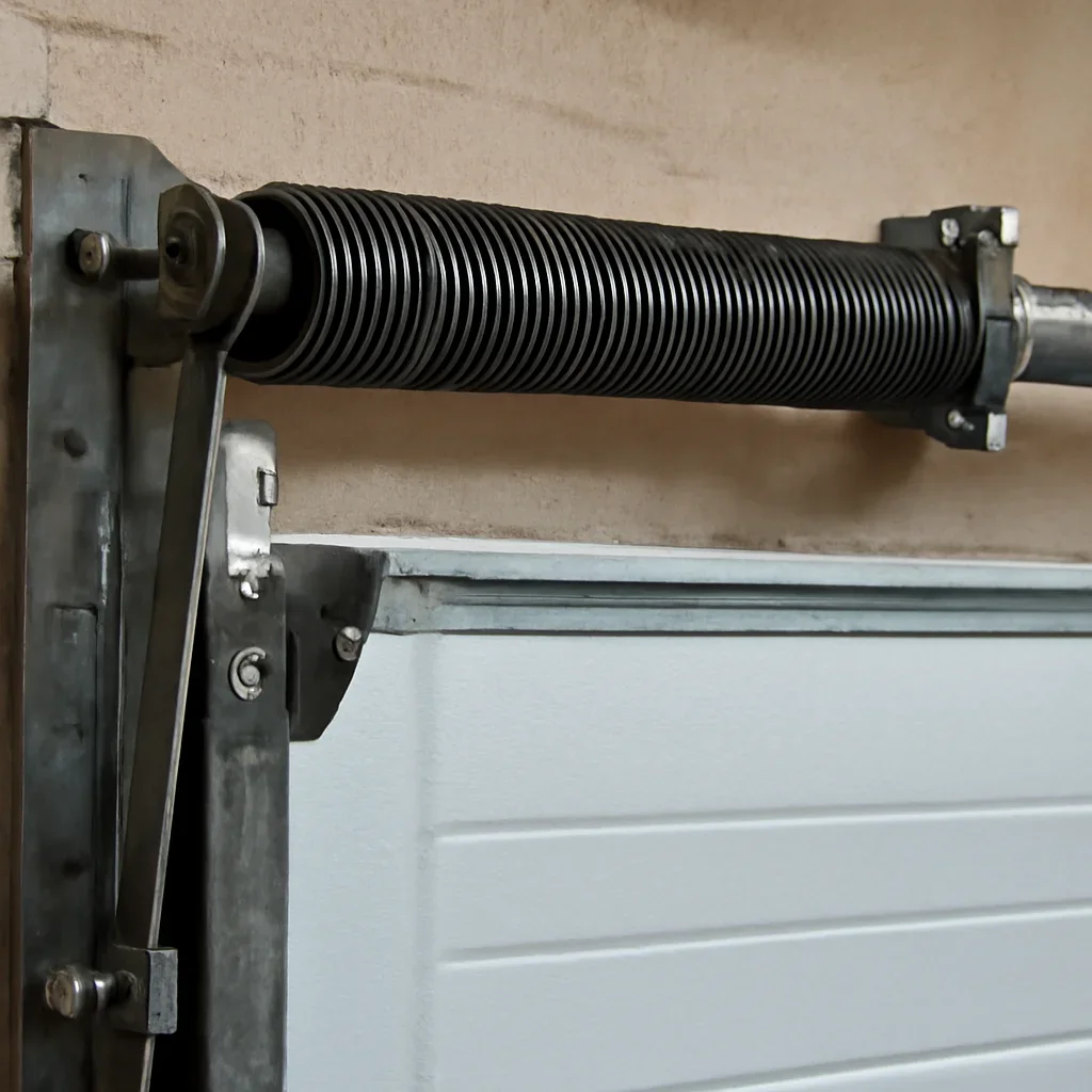 Close view of spring and lift components for garage door spring repair in South Westminster Surrey