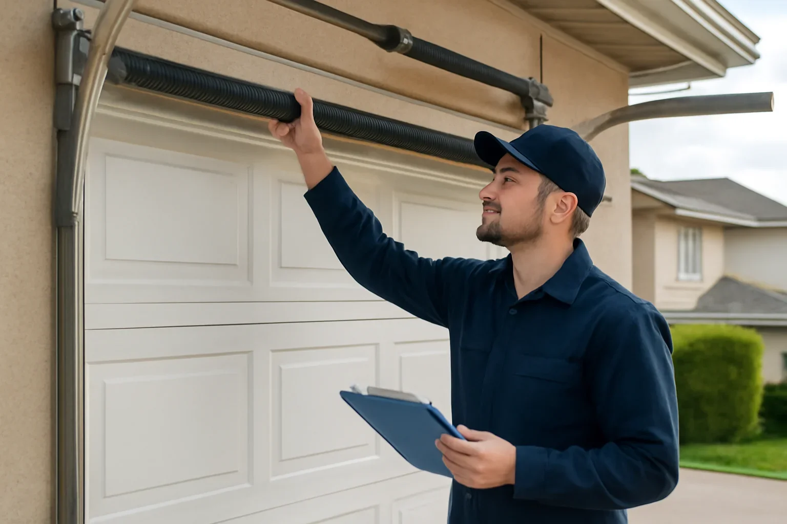 Garage door technician reviewing garage door spring repair in South Westminster Surrey at a local property