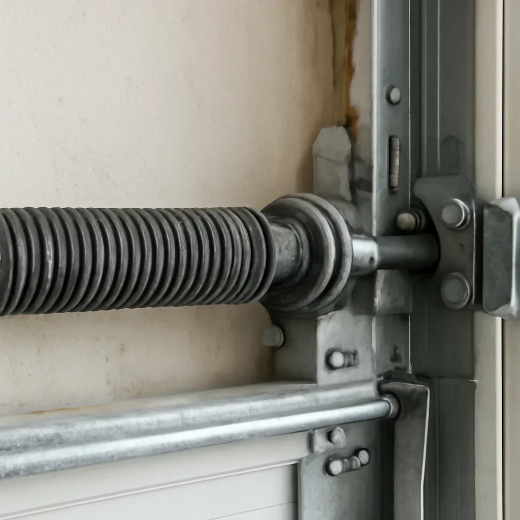 Close view of garage door components related to spring repair in Strawberry Hill Surrey