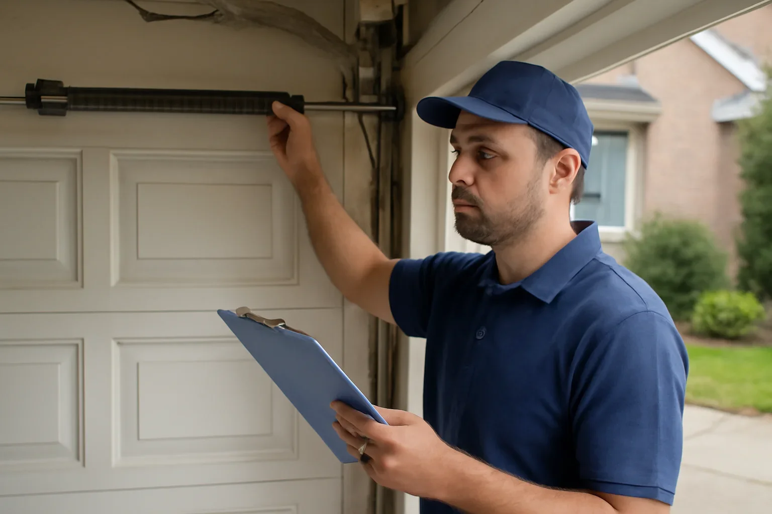 Garage door technician reviewing garage door spring repair in Strawberry Hill Surrey