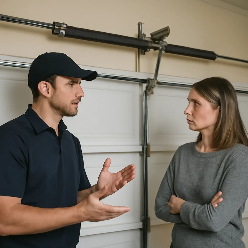 Homeowner or property manager discussing garage door spring repair in Sunnyside Surrey