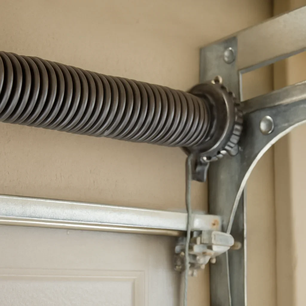 Close view of garage door spring and hardware components for spring repair in Sunnyside Surrey