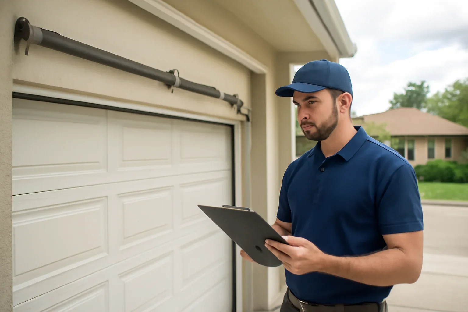 Garage door technician reviewing garage door spring repair in Sunnyside Surrey at a local property