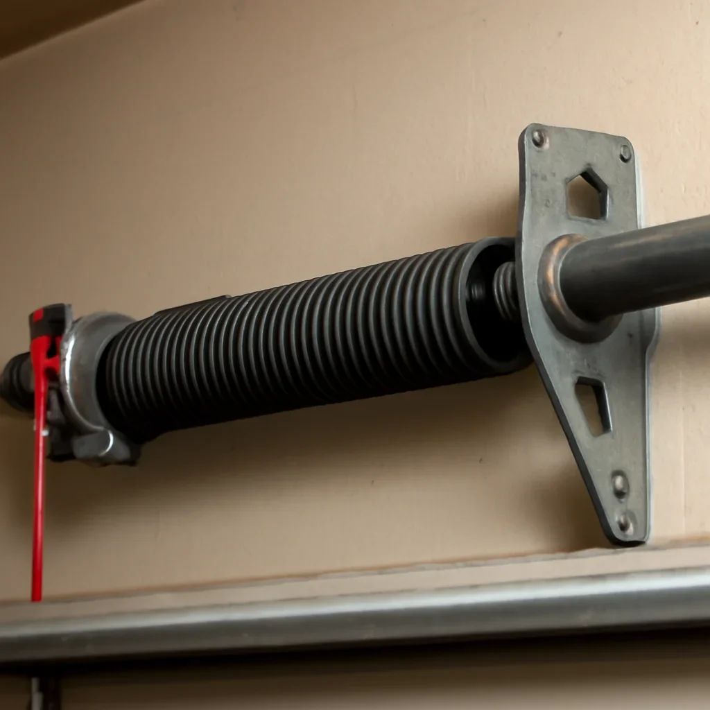 Close view of garage door components related to garage door spring repair in Tynehead Surrey